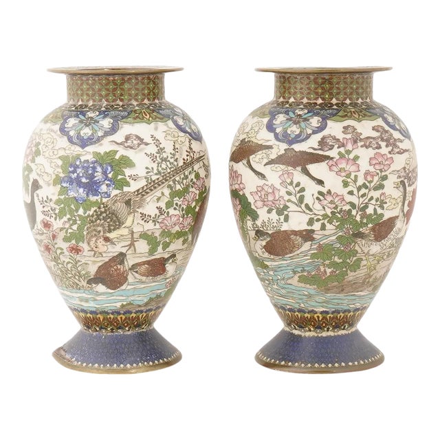 Pair of Meiji Japanese Cloisonne Enamel Vases With Ducks and Floral Scenes For Sale