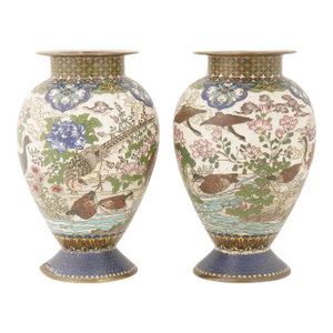 Pair of Meiji Japanese Cloisonne Enamel Vases With Ducks and Floral Scenes