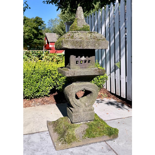 Japanese Japanese-Style Composition Stone Garden Lantern With Natural Moss Patina For Sale - Image 3 of 5