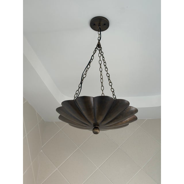 Art Nouveau Petal Pendant Light, Antique Brass Finish Solid Brass Flower Shade, 4 Light Hanging Fixture For Sale - Image 9 of 12