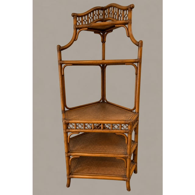 Mid 20th Century Vintage Rattan and Wicker Five Tier Pagoda Etagere With Fretwork For Sale - Image 5 of 9