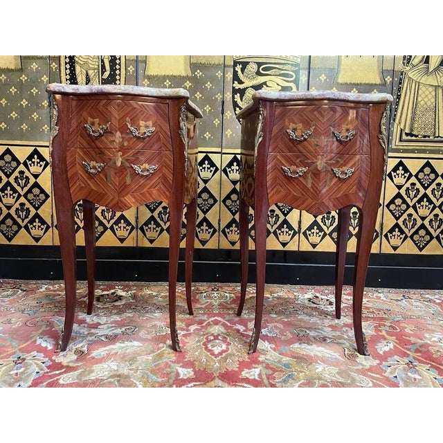 Wood Louis XV Transition Style Marquetry Bedside Tables, Set of 2 For Sale - Image 7 of 7
