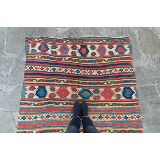 1880s Antique Large Kilim Rug Geometric Red Cream Blue Navy Wool Flatwoven Rug - 5'2" X 8'9" For Sale - Image 4 of 10