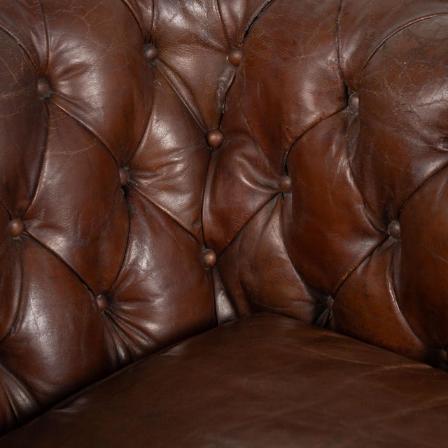 Set of Three Vintage Brown Leather Chesterfield Seating Group With Sofa and Pair of Club Chairs For Sale - Image 12 of 18
