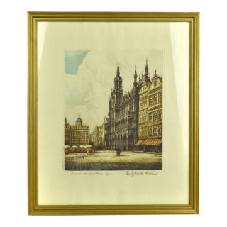 Early 20th Century Original Signed René Van De Sande Etching "Maison Du Roi" Grand Place Brussels Belgium Etching Print For Sale