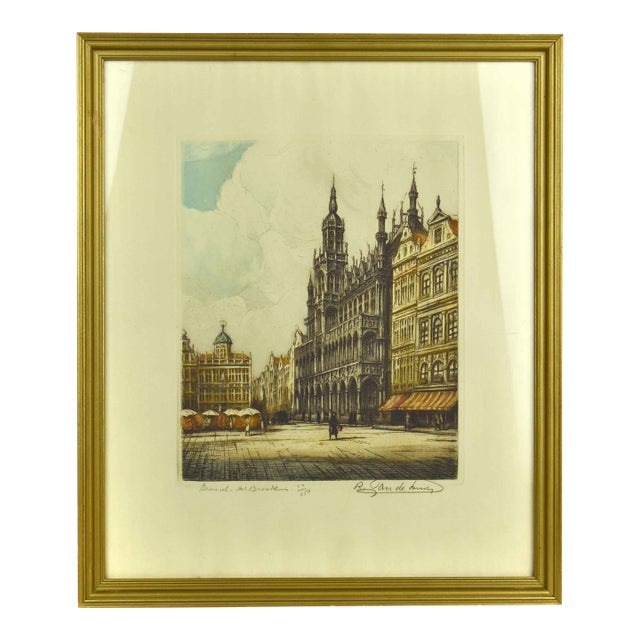 Early 20th Century Original Signed René Van De Sande Etching "Maison Du Roi" Grand Place Brussels Belgium Etching Print For Sale