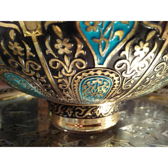 Early 21st Century Hand Painted Glass Bowl With Cover Decorated With 24 Karat Gold and Multi-Blue Colors & Brass For Sale - Image 5 of 8