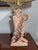 Mid-Century Modern 1950s Mid-Century Modern Pink and Gold Swirl Leaf Ceramic Table With Matching Original 2 Tiered Fiberglass Shade With Matching Gold Leave For Sale - Image 3 of 12