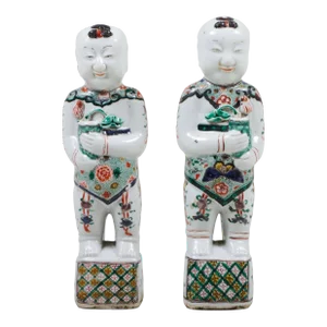 Antique 18th Century Chinese Export Famille Vert Porcelain Ho Ho Boy Twins - a Pair