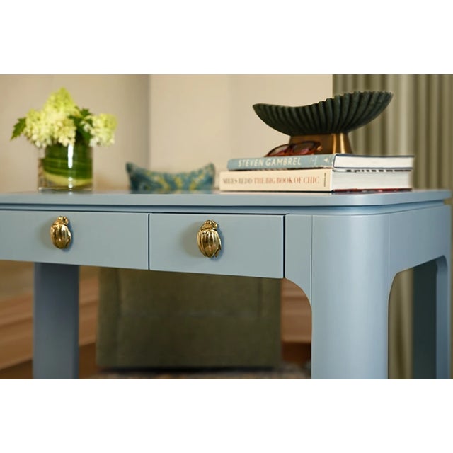 Wood Matthew Izzo Home Theo Light Blue Matte Lacquer Desk With Brass Beetle Knobs For Sale - Image 7 of 11