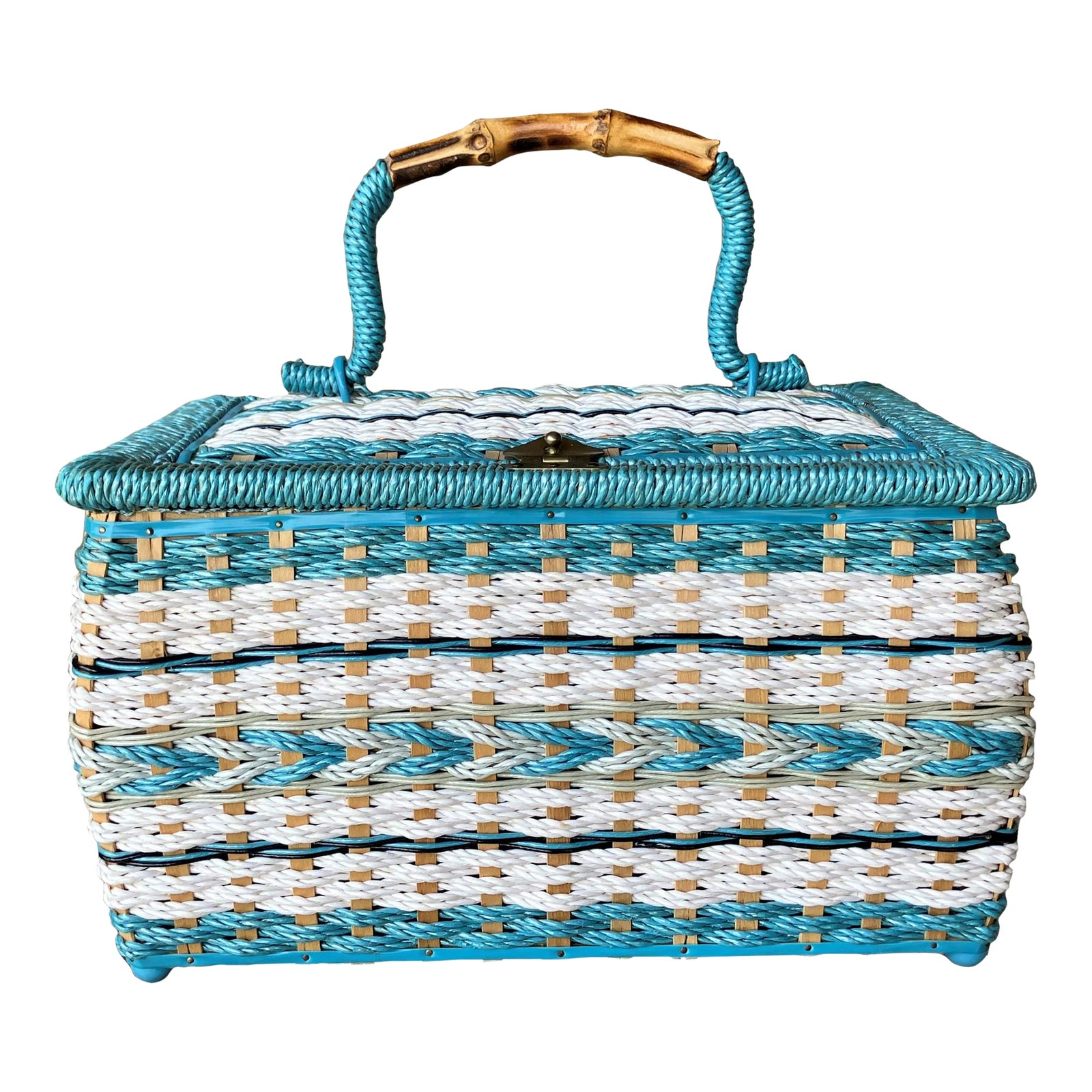 Circa 1967 Natural Bamboo Handle Rattan Sewing Basket Made