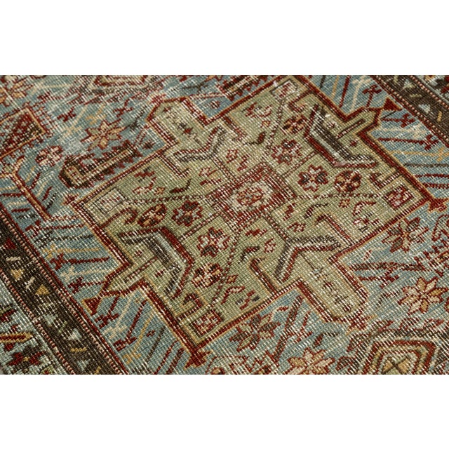 Blue Antique Heriz Serapi Runner Rug, Muted Blue and Sage Wool Corridor Rug For Sale - Image 8 of 9