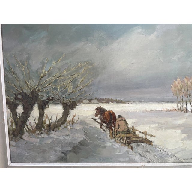 Large Vintage Feliks Dolgan Polish Winter Horse Sled Snow Landscape Oil Painting For Sale - Image 4 of 13