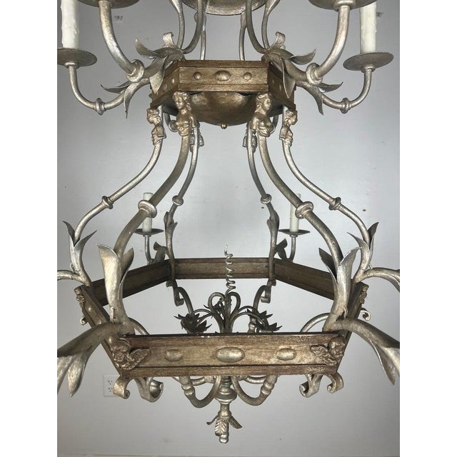 Metal 1930s Monumental Two-Tiered 12-Light Silvered Chandelier W/ Crown For Sale - Image 7 of 16