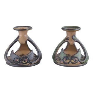 Art Nouveau Ceramic Candlesticks Decorated with Foliage from Kähler, Denmark, 1930s, Set of 2 For Sale