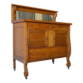 Antique American Empire Tiger Oak Sideboard With Mirror, Early 20th Century For Sale