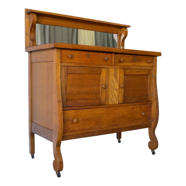 Antique American Empire Tiger Oak Sideboard With Mirror, Early 20th Century For Sale