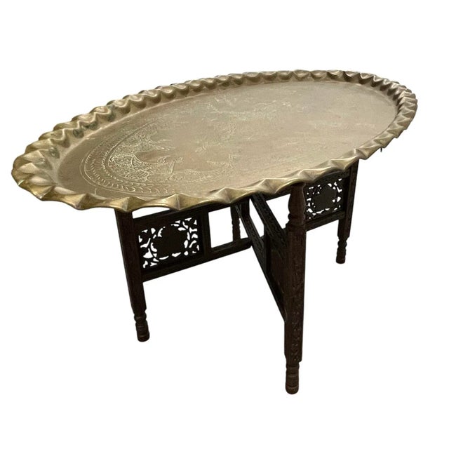 Moroccan Mid-Century Moroccan Oval Brass Tray Table For Sale - Image 3 of 14