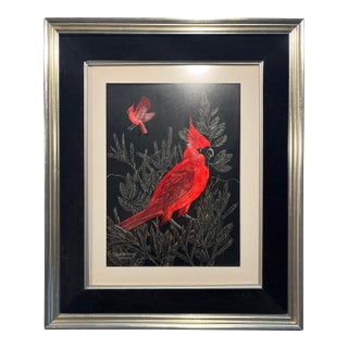 Vintage “Cardinals” Scratch Painting by Richard Reid Mason 18" X 15" For Sale
