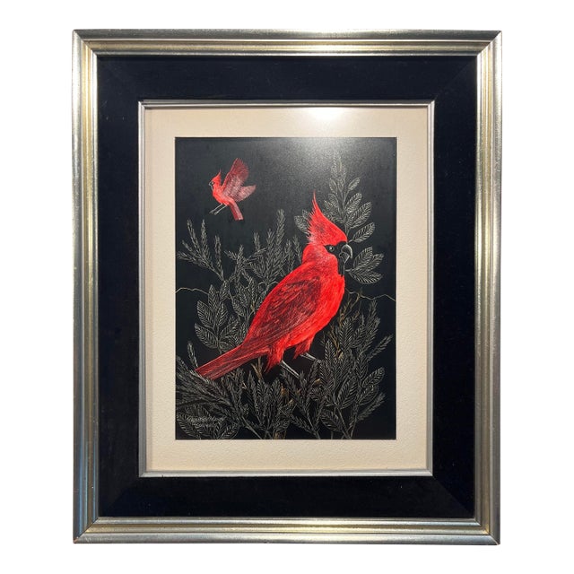 Vintage “Cardinals” Scratch Painting by Richard Reid Mason 18" X 15" For Sale