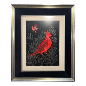 Vintage “Cardinals” Scratch Painting by Richard Reid Mason 18" X 15"