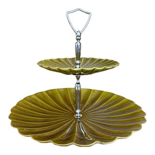 Vintage Maddux of California C603 Pearlized Olive Green & Gold Two-Tier Serving Stand For Sale