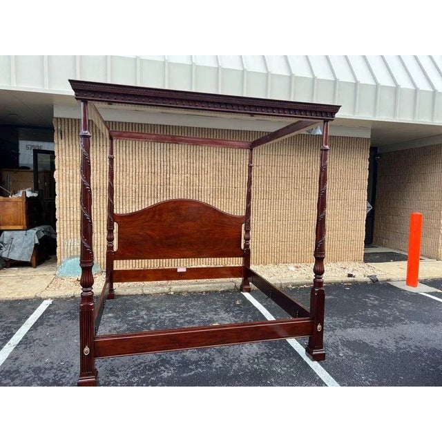 English Henkel Harris Solid Mahogany Carved Canopy King Bed Frame. High End For Sale - Image 3 of 12
