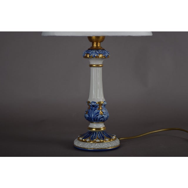 Blue and White Ceramic Table Lamp with Gilded Details and Pleated Shade, 1970s For Sale - Image 9 of 10