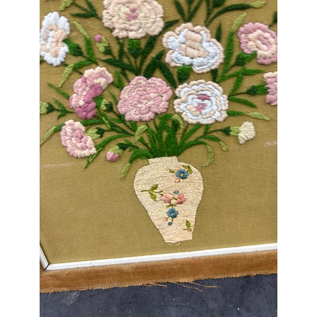 Vintage Floral Crewel Embroidery Wall Art With Burlap Border For Sale - Image 10 of 11