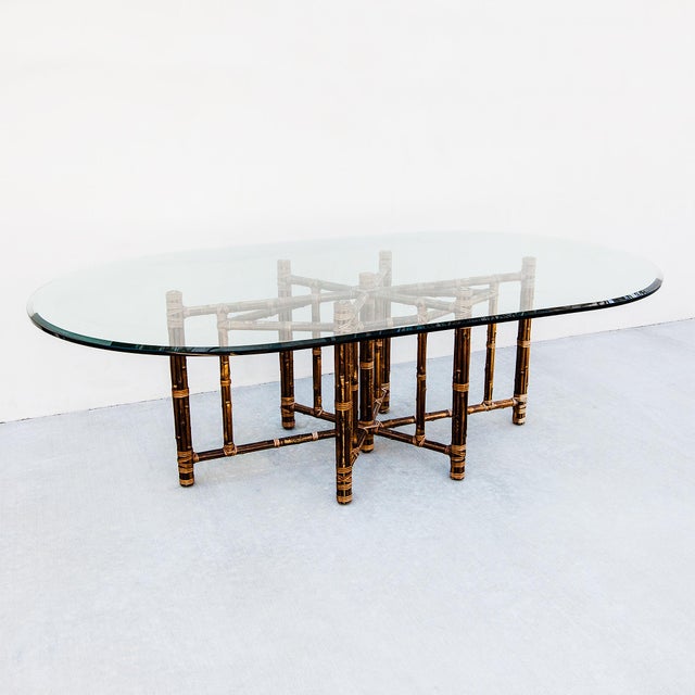 1980s McGuire Attributed Coastal Modern Bamboo & Laced Rawhide Racetrack Dining Table For Sale - Image 15 of 15