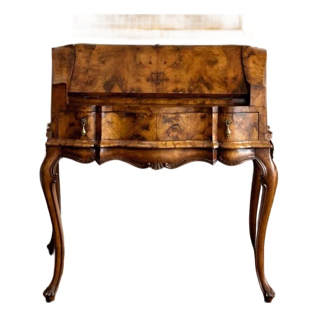 Antique Burr Walnut Fall-Front Bureau Desk in the Queen Anne Revival Style For Sale