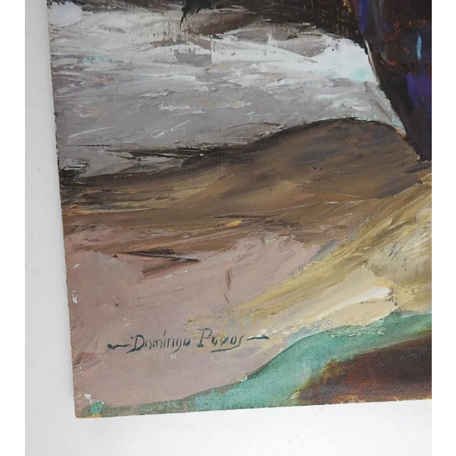 Vintage oil on canvas board impressionist still life painting with blue and red flowers in blue vase. Signed Domingo last...