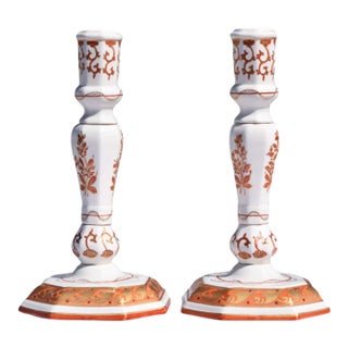 Pair of Italian Porcelain Candlesticks, Iron-Red and Gilt For Sale