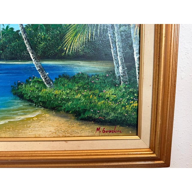 Tropical Beach Oil Painting Signed M Gordon, Palm Tree Seascape, Caribbean Coast For Sale - Image 13 of 13