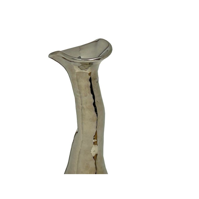 Teal Green Metallic Silver Glaze Narrow Neck Ceramic Art Vase For Sale - Image 9 of 11