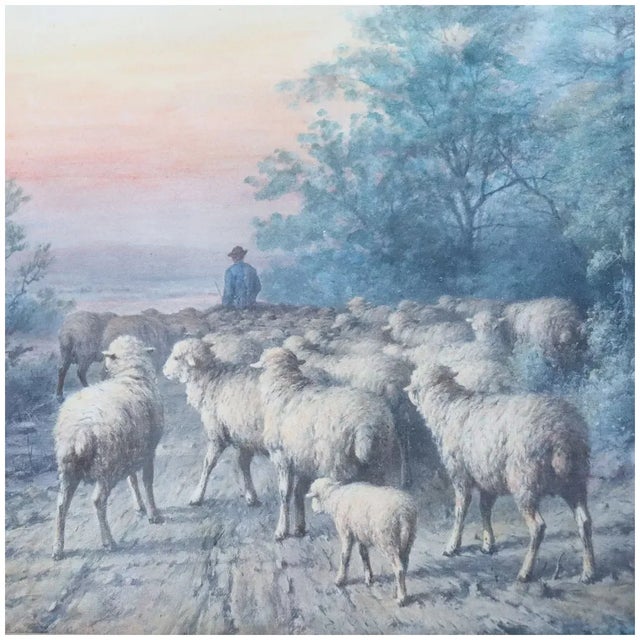 American Late 19th Century George Riecke Watercolor on Paper Painting, Landscape With Sheep For Sale - Image 3 of 5