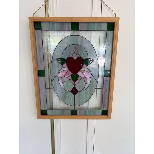 Art Nouveau Vintage Art Nouveau Style Framed Stained Glass Heart Window Panel For Sale - Image 3 of 3