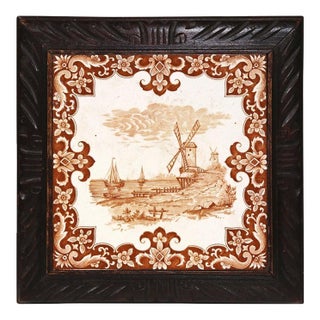 19th Century French Carved Oak Musical Hot Dish Trivet With Hand-Painted Tile For Sale
