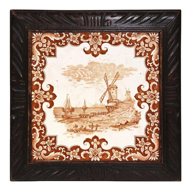 19th Century French Carved Oak Musical Hot Dish Trivet With Hand-Painted Tile For Sale