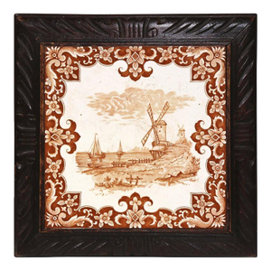 19th Century French Carved Oak Musical Hot Dish Trivet With Hand-Painted Tile