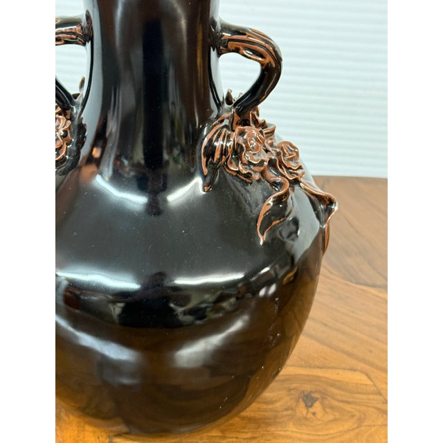 Antique Replica Chinese Dark Glaze Twin-Handle Floral Pottery Vase For Sale In San Francisco - Image 6 of 12