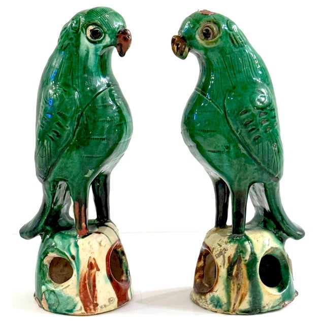 Chinese Pair #2 Chinese Export Porcelain Green Sancai Glazed Parrots For Sale - Image 3 of 8