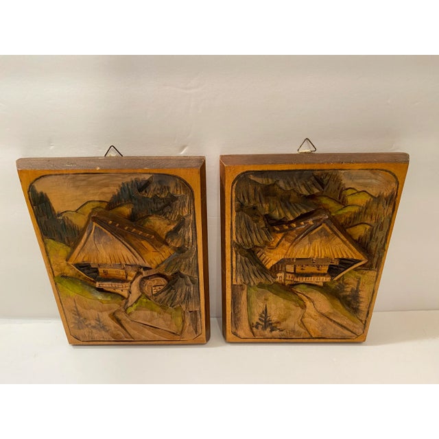 Mid-Century Modern Vintage German Black Forest Wood Carved Cottage & Landscape Wall Art - Set of 2 For Sale - Image 3 of 7