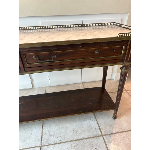 Brown Mid 20th Century Bloomingdale’s Louis XVI Style Marble Top Console Table Made in Italy For Sale - Image 8 of 14