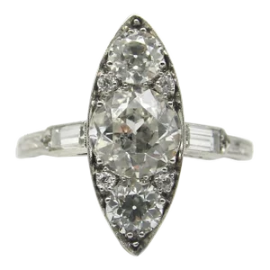 Edwardian Platinum Old European Cut Diamond Navette Shaped Ring SIze 8