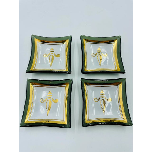 Mid-Century Modern Vintage “Card Mates” Smoke Glass & Gold Leaf "Fleur De Lis" Petite Cocktail or Trinket Trays- Set of 4 For Sale - Image 3 of 9