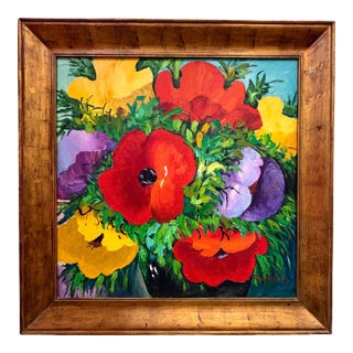 Vintage Signed Expressionist Floral Still Life Oil Painting in Gilt Wood Frame, Circa 1980s For Sale