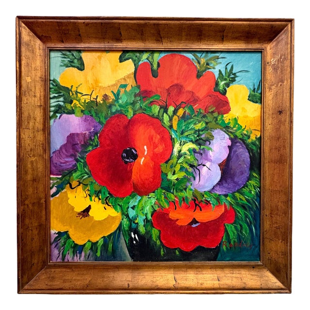 Vintage Signed Expressionist Floral Still Life Oil Painting in Gilt Wood Frame, Circa 1980s For Sale
