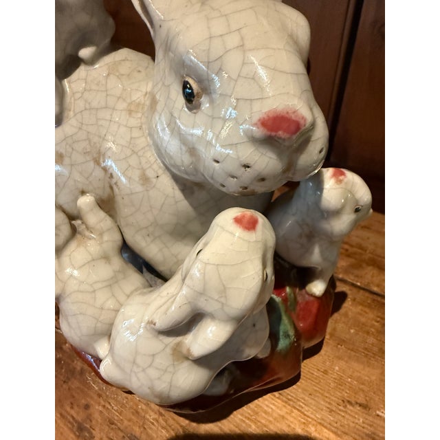 1980s Ceramic Glazed Rabbit Family Centerpiece Majolica For Sale - Image 5 of 10