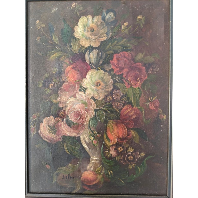 Shabby Chic Antique Still Life Dark Academia Botanical Oil Painting Signed For Sale - Image 3 of 14